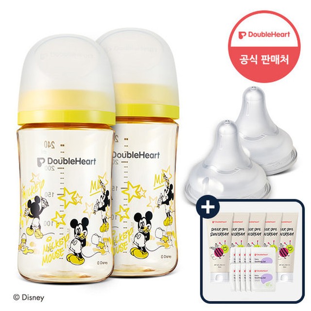 더블하트 디즈니 모유실감 3세대 PPSU 240ml 미키 트윈세트(젖병2+젖꼭지2) + 수딩젤4개 + 선크림2개