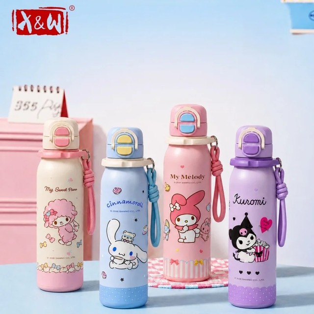 X&amp;W 산리오 키즈 보온컵 460 560ml 만화 캐릭터 빨대컵 316 스테인리스 스틸 이중 음용 머그 휴대용 학생용 아이스 텀블러