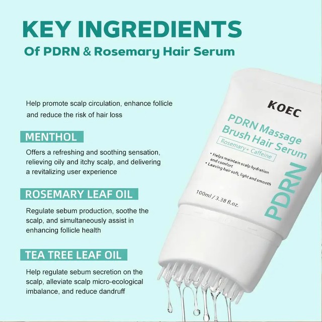 [해외] PDRN 로즈마리 헤어 세럼 100ml 마사지 빗 포함, 카페인 두피 영양 에센스 부스트 더 풍성한 모발 리프레싱 두피 케어